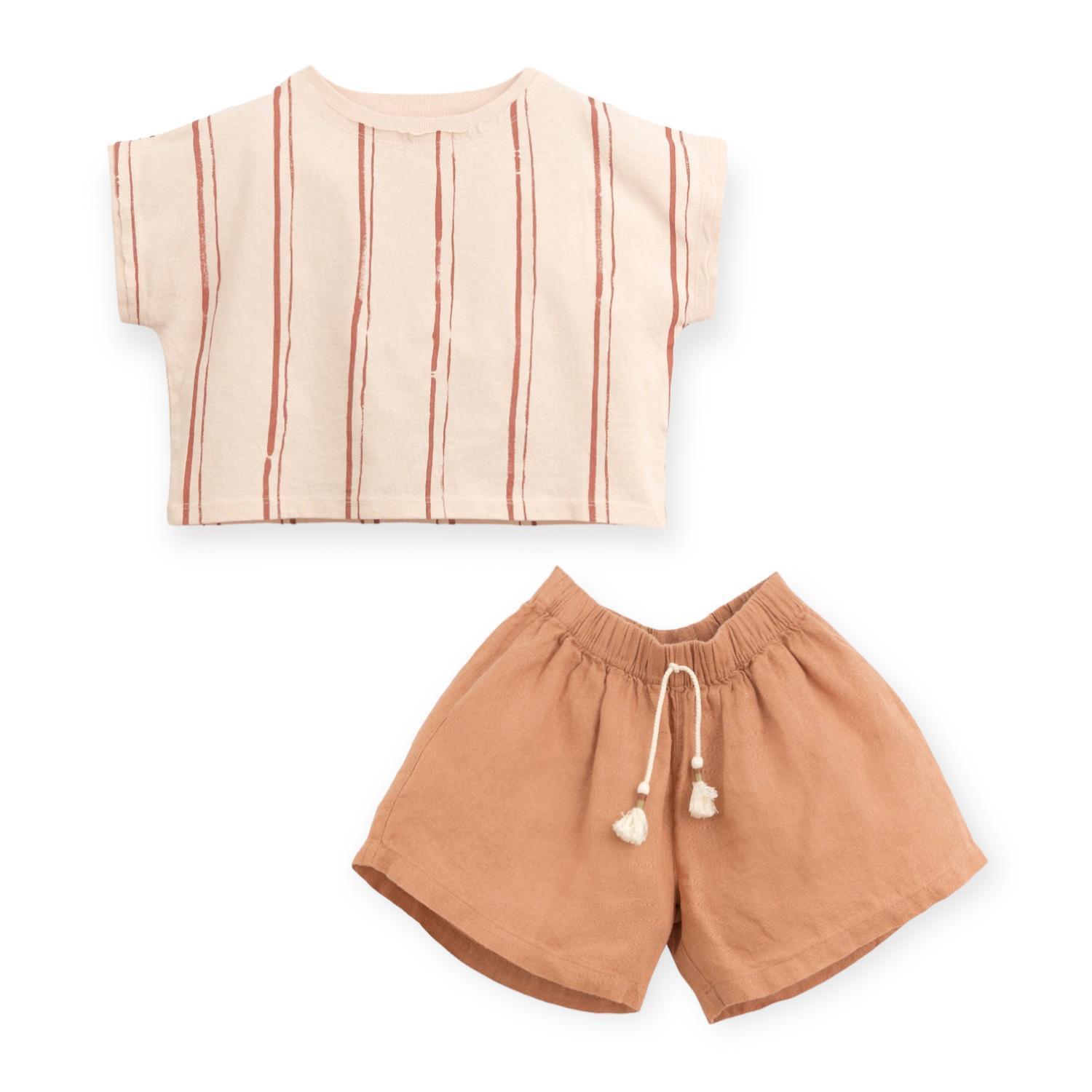 New Play Up Girl's Striped Boxy Tee & Linen Shorts Set In Pale Pink/Sienna